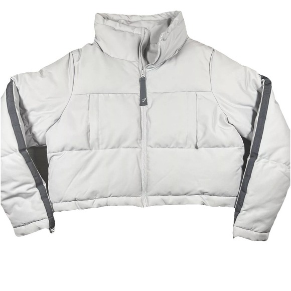 Gymshark Puffer Jacket Womens L‎ Lilac Cropped Full Zip Athletic Logo - Picture 1 of 6